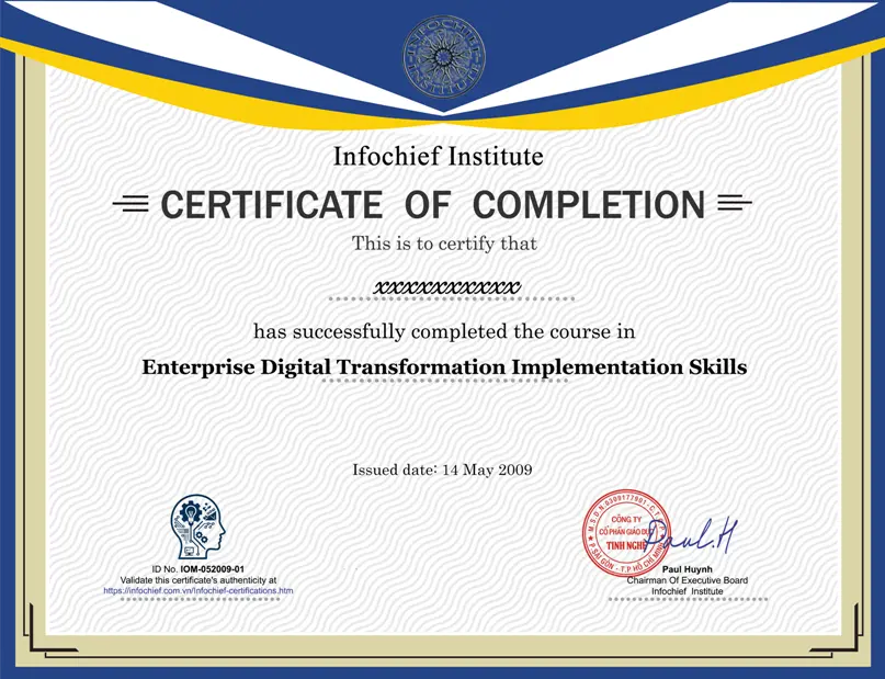 Mẫu chứng nhận Triển Khai Chuyển Đổi Số Doanh Nghiệp của Infochief Academy