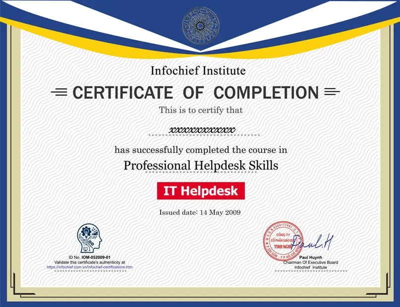 Mẫu chứng nhận Kỹ Năng Helpdesk Chuyên Nghiệp của Infochief Academy