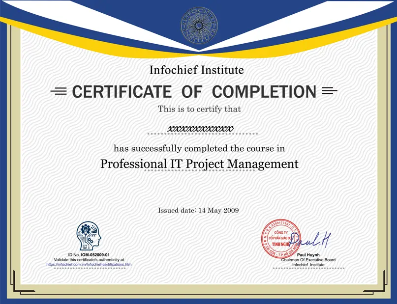 Mẫu chứng nhận Quản Lý Dự Án IT Chuyên Nghiệp của Infochief Academy