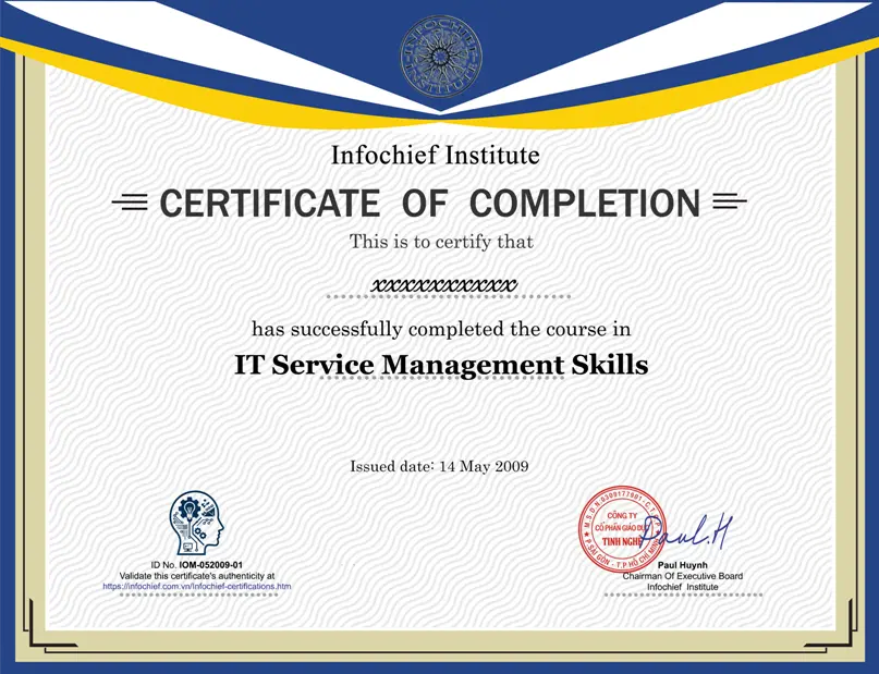 Mẫu chứng nhận Quản Lý Dịch Vụ IT - ITSM của Infochief Academy
