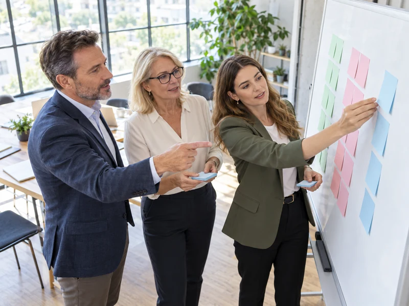 Nam lãnh đạo chuyển đổi số châu Âu cùng nữ chuyên gia trẻ và lớn tuổi ưu tiên sáng kiến roadmap trên bảng trong phòng sáng tự nhiên