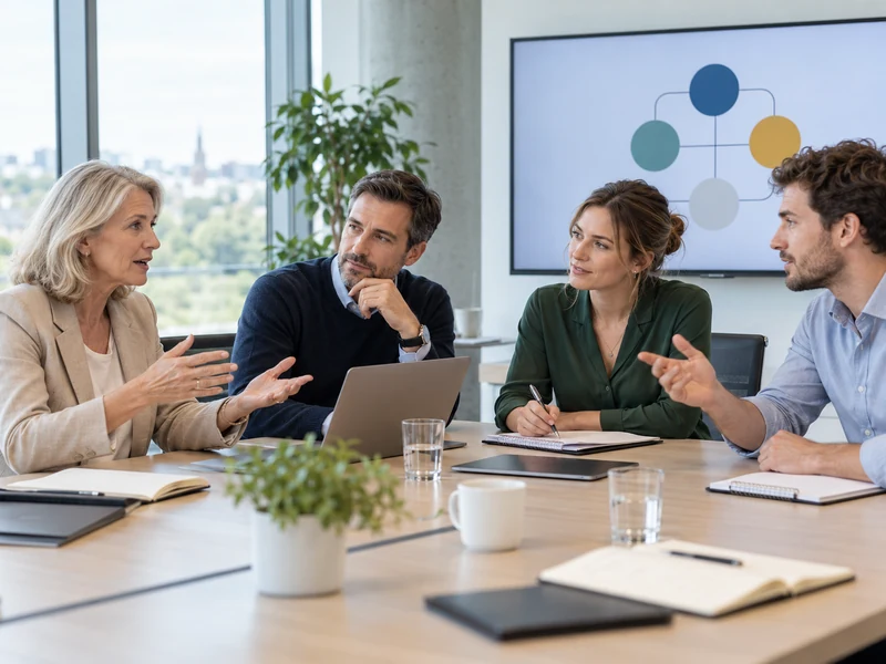 Nhóm lãnh đạo châu Âu nam và nữ nhiều độ tuổi thảo luận vai trò CEO CDO CIO và chủ quy trình trong phòng họp sáng