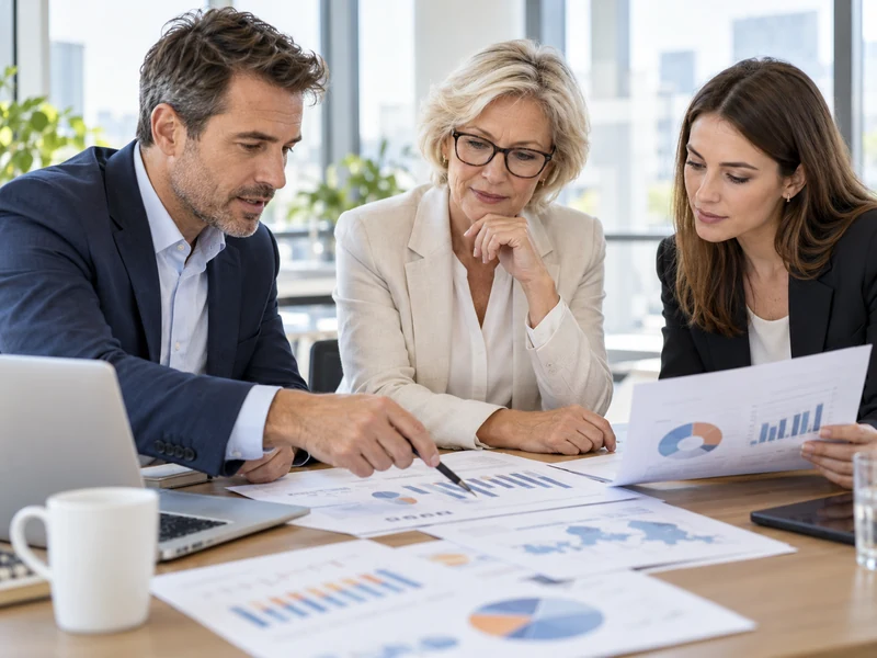 Nam chuyên gia châu Âu cùng nữ chuyên gia tài chính lớn tuổi và nữ phân tích viên trẻ đánh giá Business Case trong phòng họp sáng