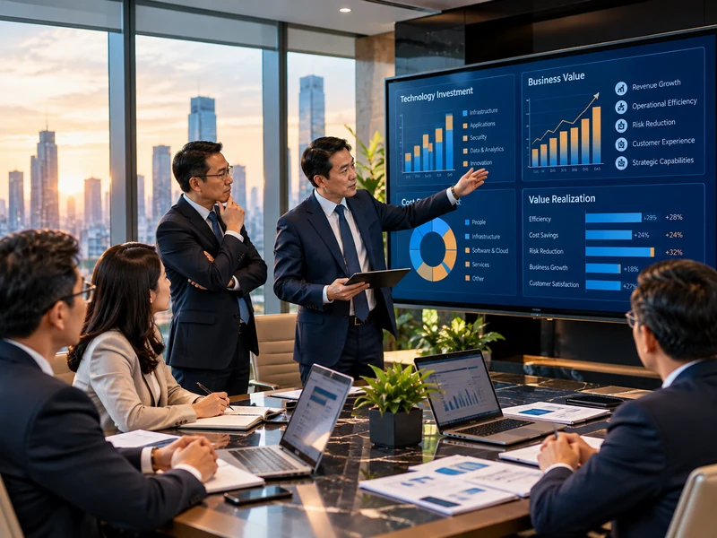 CIO và CFO cùng phân tích ngân sách công nghệ và giá trị kinh doanh trên dashboard điều hành