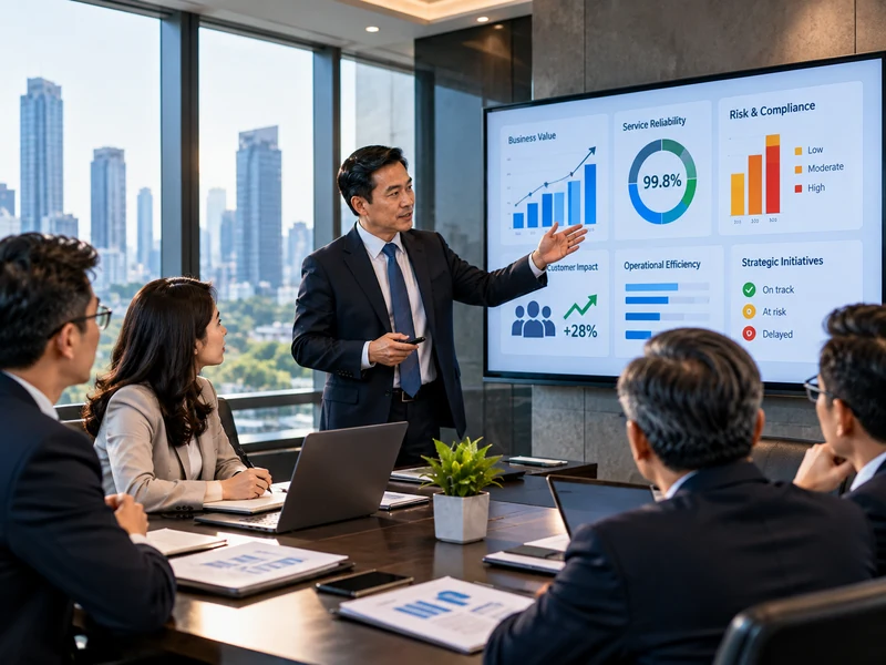 CIO trình bày dashboard KPI chiến lược về giá trị kinh doanh, dịch vụ, rủi ro và sáng kiến công nghệ
