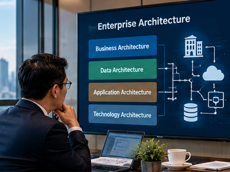 Lãnh đạo IT xem xét bản đồ kiến trúc doanh nghiệp và các lớp dữ liệu ứng dụng công nghệ