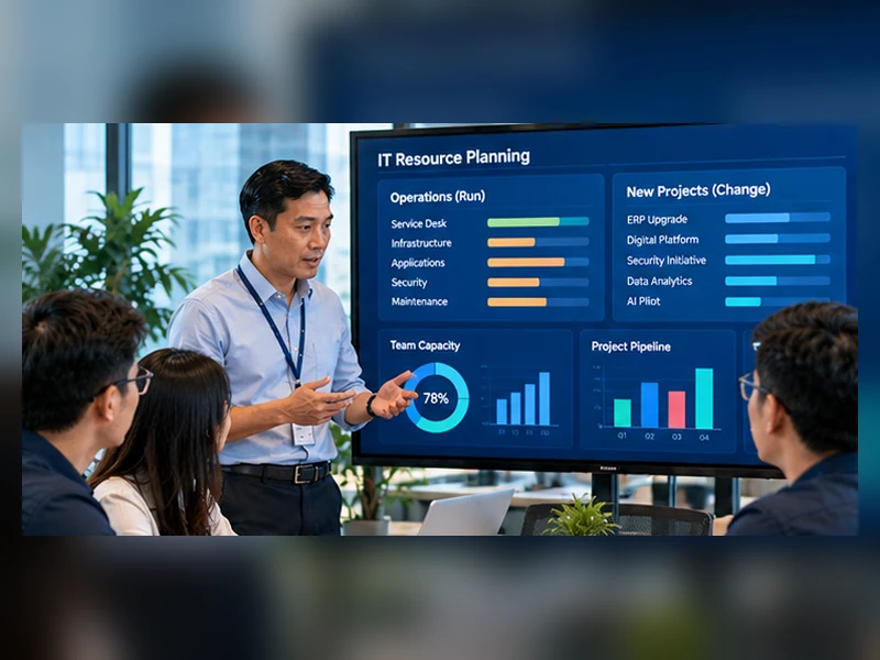 IT Manager trình bày kế hoạch phân bổ nguồn lực giữa vận hành thường xuyên và các dự án mới