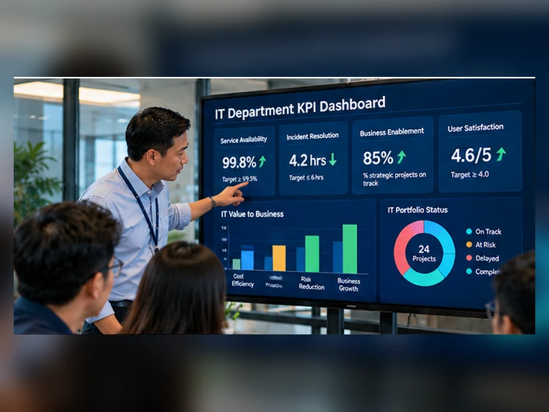 IT Manager trình bày dashboard KPI bộ phận IT gồm dịch vụ, hiệu quả, rủi ro và giá trị kinh doanh