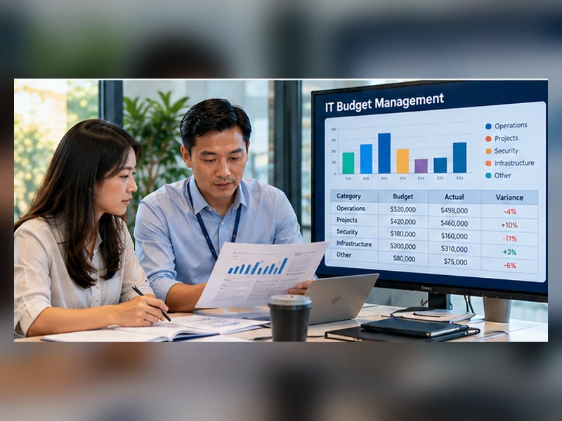 IT Manager và nhân viên tài chính rà soát dashboard ngân sách IT, thực chi và chênh lệch