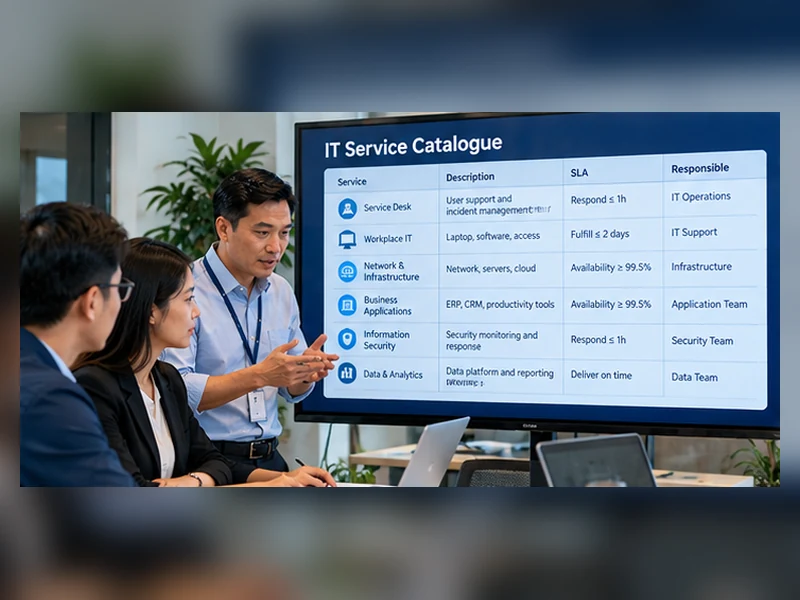 IT Manager trình bày danh mục dịch vụ IT gồm dịch vụ, phạm vi, SLA và đơn vị chịu trách nhiệm