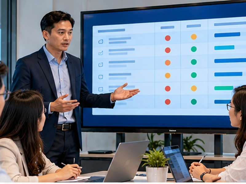 IT Manager chủ trì cuộc họp điều hành với dashboard trạng thái và các quyết định cần xử lý