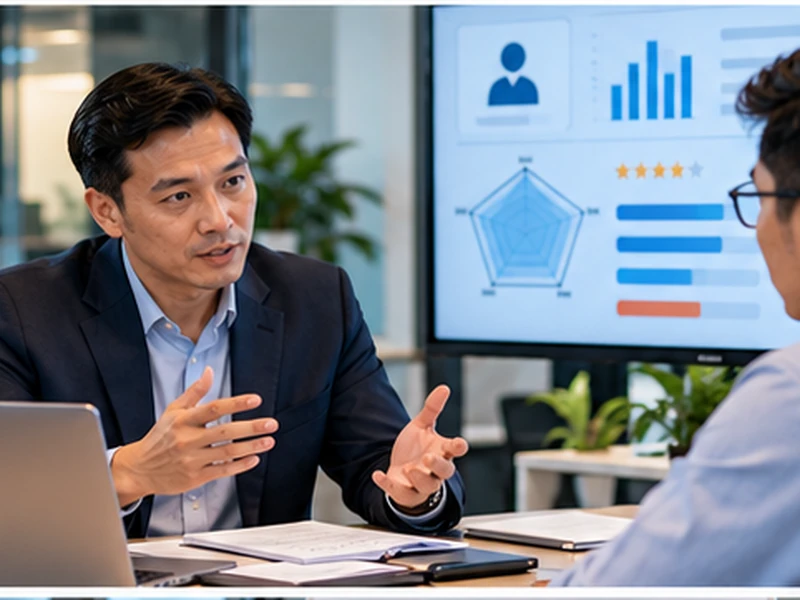 IT Manager trao đổi đánh giá hiệu suất với nhân viên dựa trên nhiều nhóm chỉ số và bằng chứng công việc