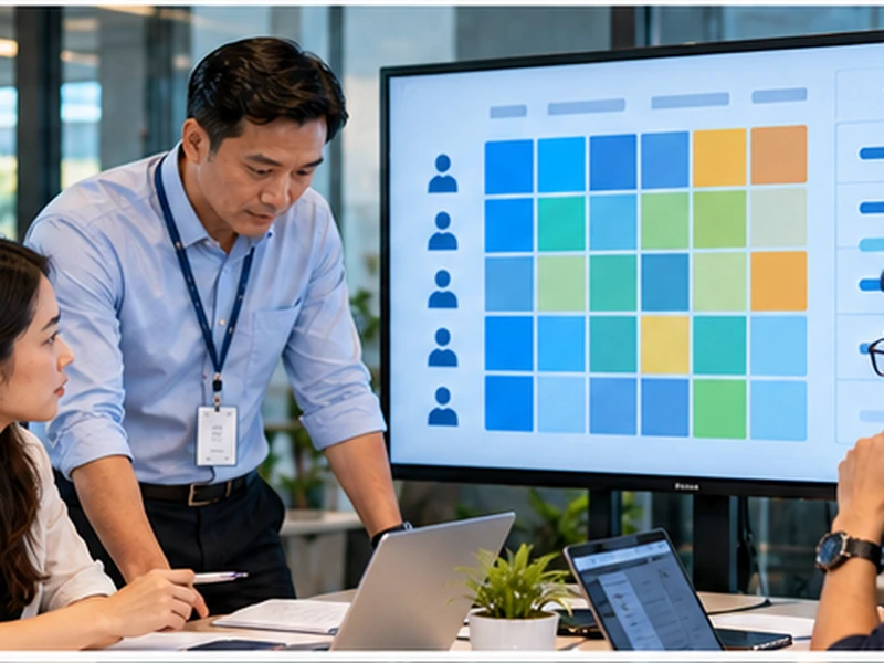 IT Manager cùng nhân viên rà soát ma trận năng lực IT theo vai trò và mức độ thành thạo