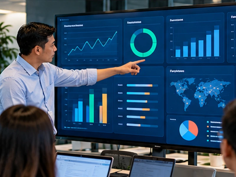 IT Manager trình bày dashboard quản lý IT với các chỉ số dịch vụ, dự án, rủi ro và nguồn lực