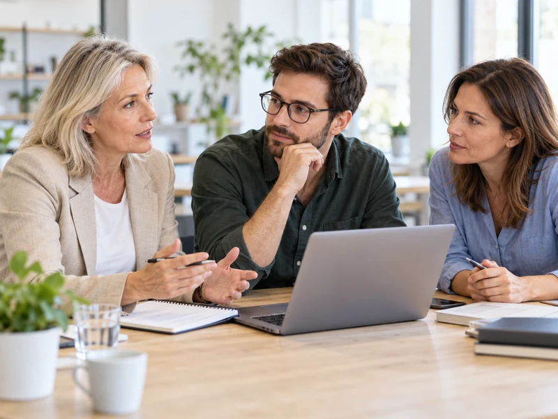 Nữ chuyên gia châu Âu giàu kinh nghiệm trao đổi coaching với đồng nghiệp IT nam và nữ khác độ tuổi trong văn phòng sáng
