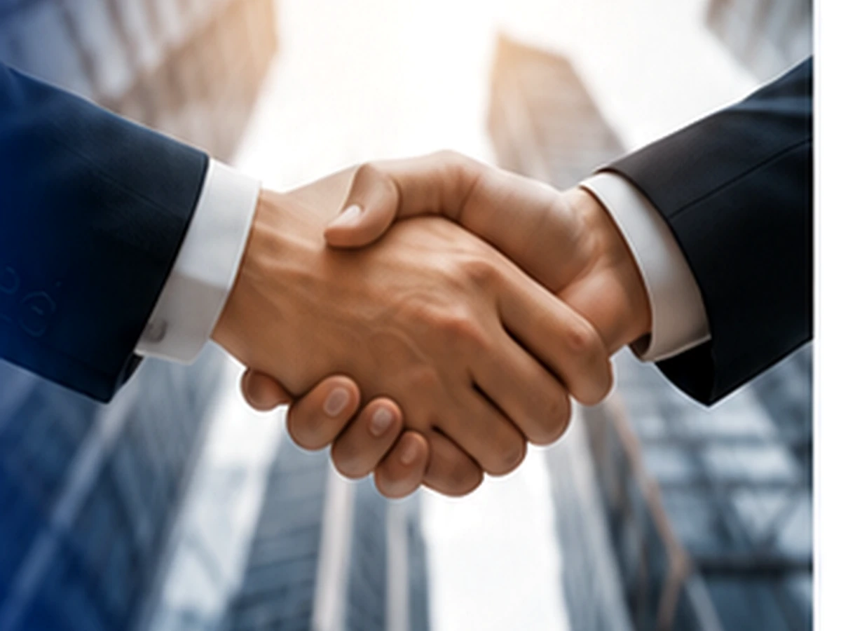 Two business leaders shaking hands in a professional collaboration